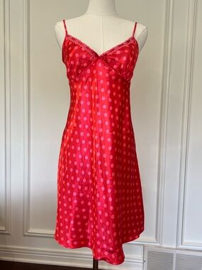 Red Pink Polka Dot Satin Slip Dress Y2K Coquette Midi Pinup Cherry Lace 90s